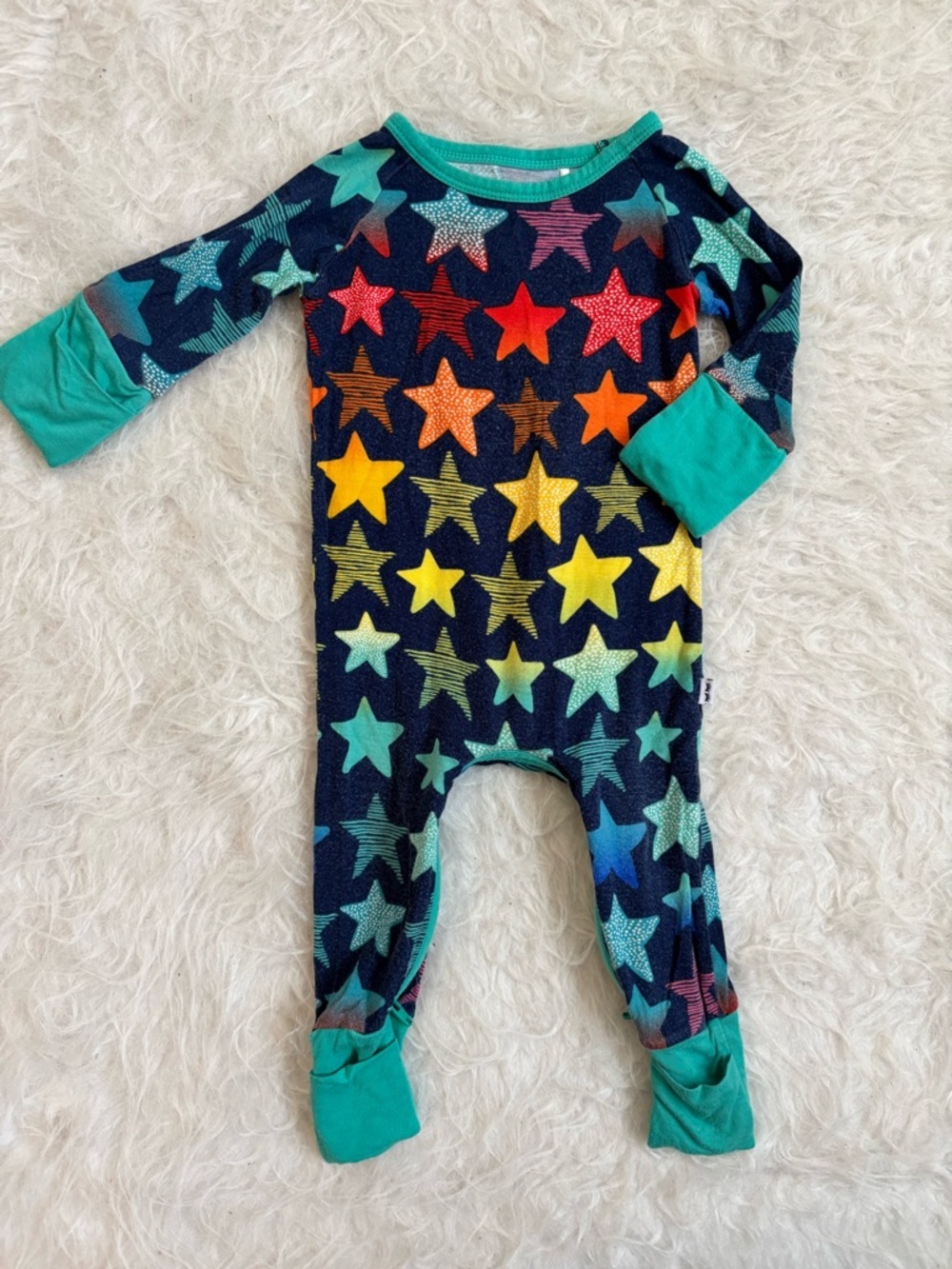 Little Sleepies Bamboo Navy One Piece Zippy with Multicolor Stars & Teal Trim